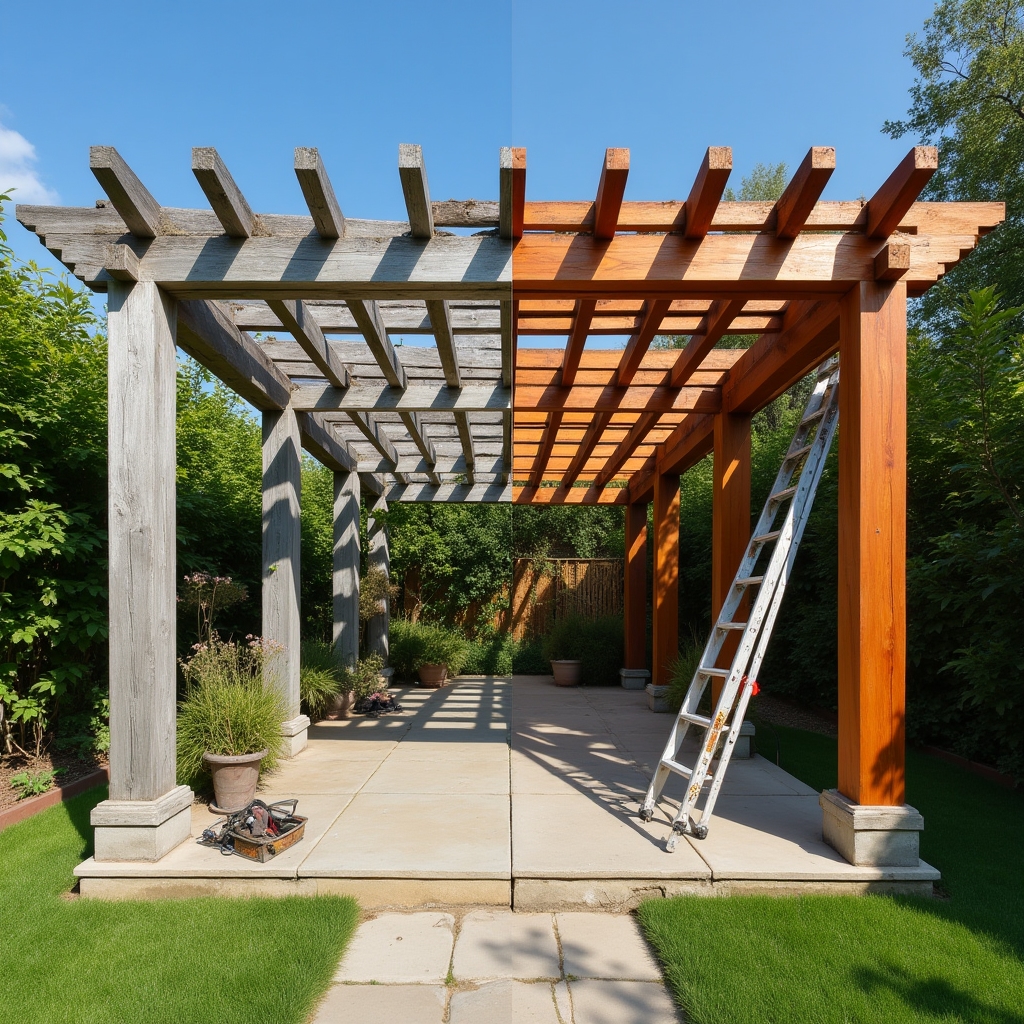 Dřevěná pergola před a po ošetření nátěrem, rozdíl v odstínu dřeva